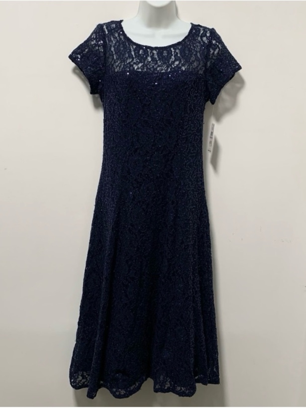 Classic Navy Lace A-Line Dress - Women's Evening Dress - Picture 4 of 15